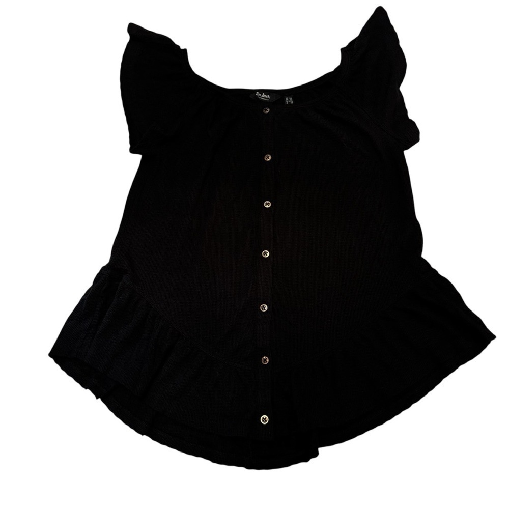 Du Jour Black Button Front Textured Knit Top With Ruffle Sleeve Detail Size XXS